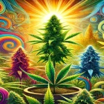 digital artwork created to depict top sativa cannabis strains in a lush green garden setting in order to depict the creative and energizing atmosphere surrounding those strains.