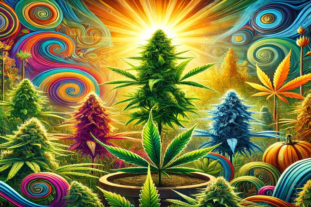 digital artwork created to depict top sativa cannabis strains in a lush green garden setting in order to depict the creative and energizing atmosphere surrounding those strains.