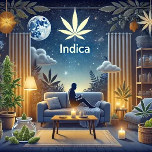 image showing concept of Indica strains, highlighting their relaxing and calming effects, perfect for unwinding in the evening and promoting restful sleep.