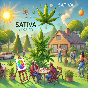 image showing the concept of Sativa strains, showcasing their uplifting, energizing effects, perfect for daytime activities, creativity, and social interaction.