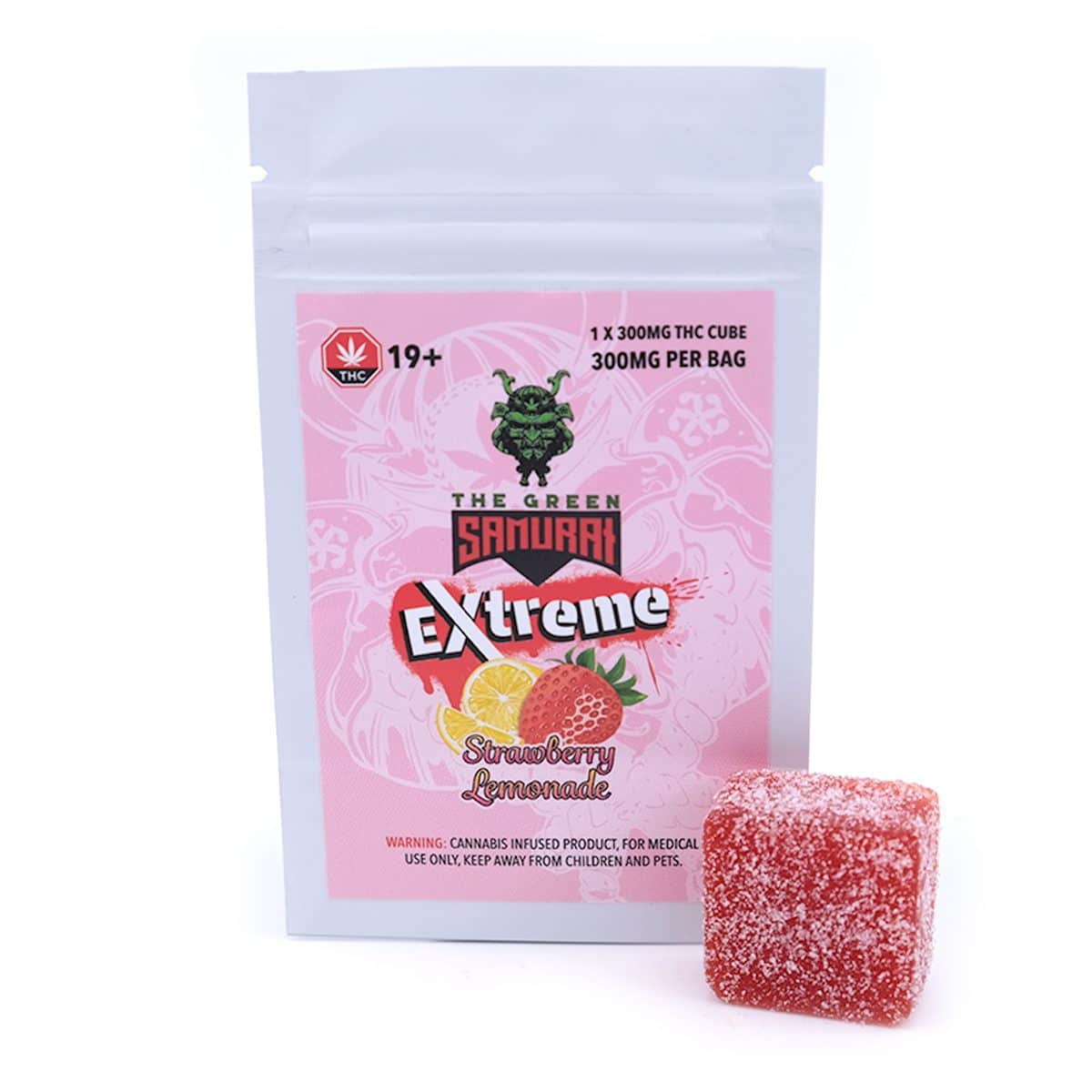 The Green Samurai - Extreme 300mg - Strawberry Lemonade - THC-infused gummy cube offering 300mg of potent effects. Experience the perfect balance of taste and potency. Explore more options at WTF Cannabis.